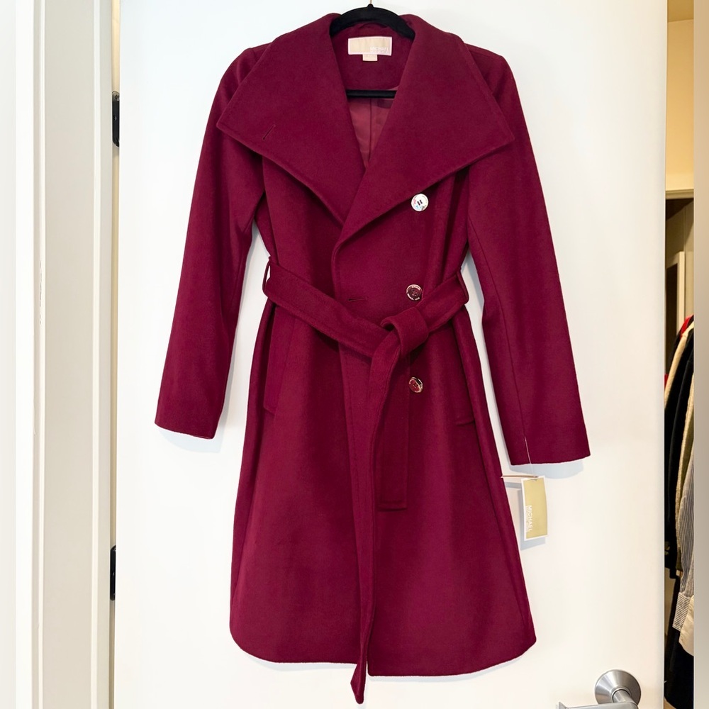 Michael Kors Asymmetrical Belted Wool Coat Ruby Red, SP